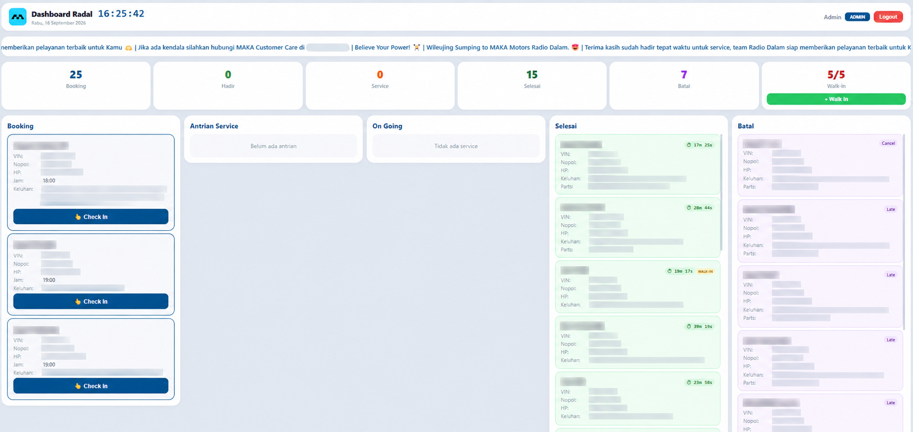 Sanitized service queue dashboard capture